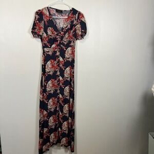 Dress Forum Womens Floral V-Neck Button Front Maxi Dress Boho Navy Red Small
